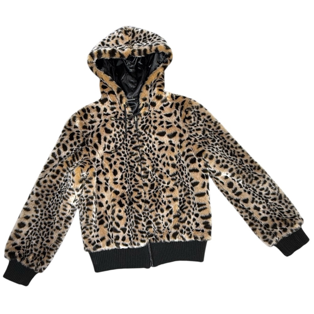 Vintage leopard print faux fur hooded bomber Jacket 90’s Y2K Size Medium - Picture 6 of 9